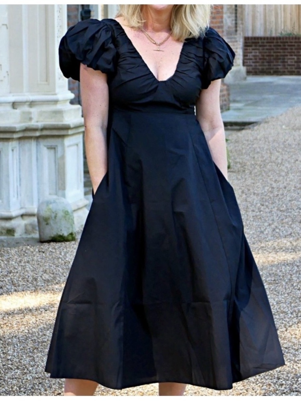 ABERCROMBIE- Puff Sleeve Plunge Midi Dress Black Size XS